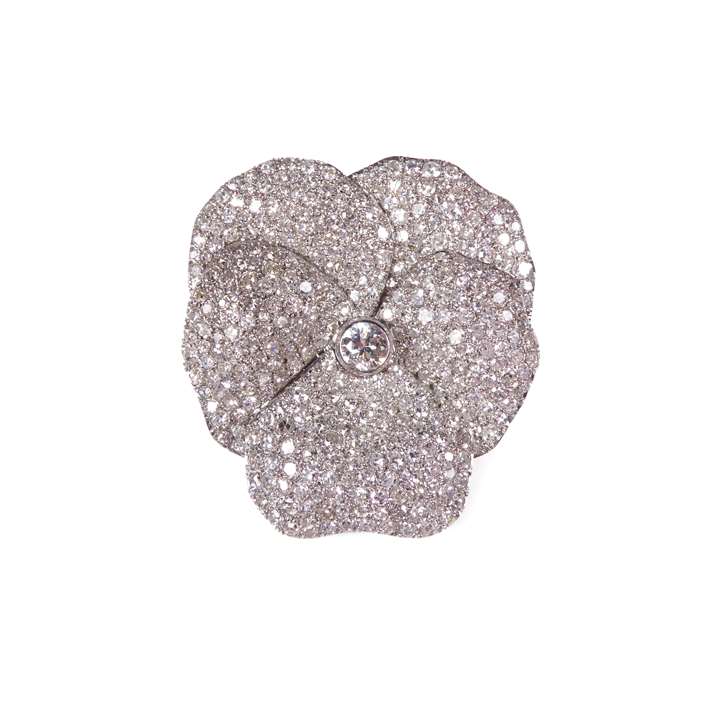 Antique large pave set diamond pansy brooch, collet set principal diamond to center